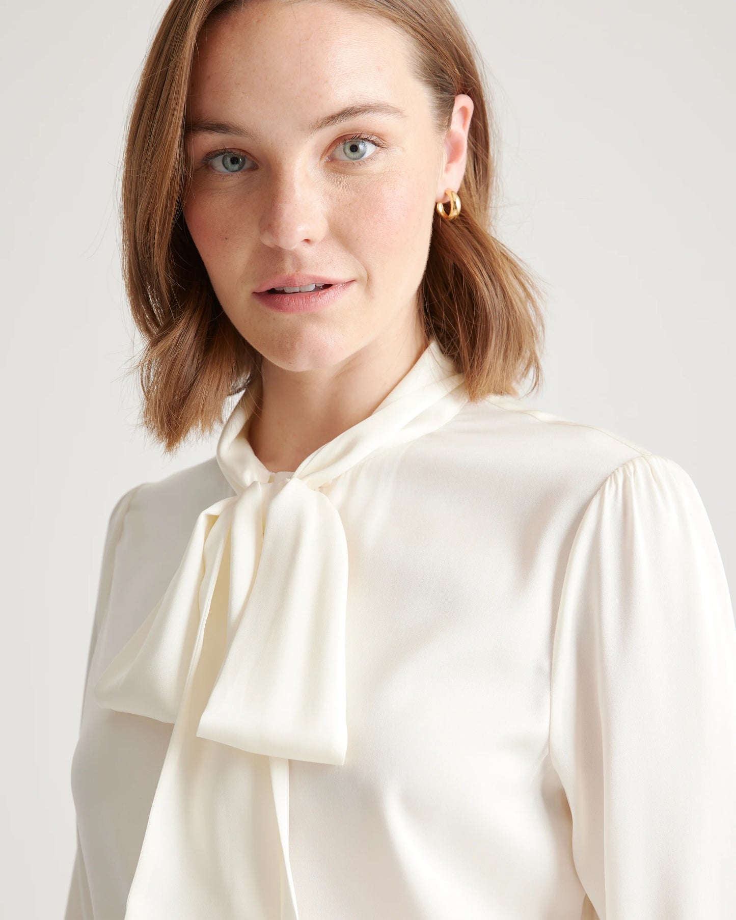 Washable Stretch Silk Tie Neck Blouse - XS / Moonstone Blue