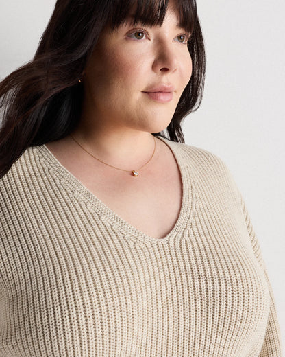 100% Organic Cotton Fisherman V-Neck Sweater - 1X / Speckled Beige