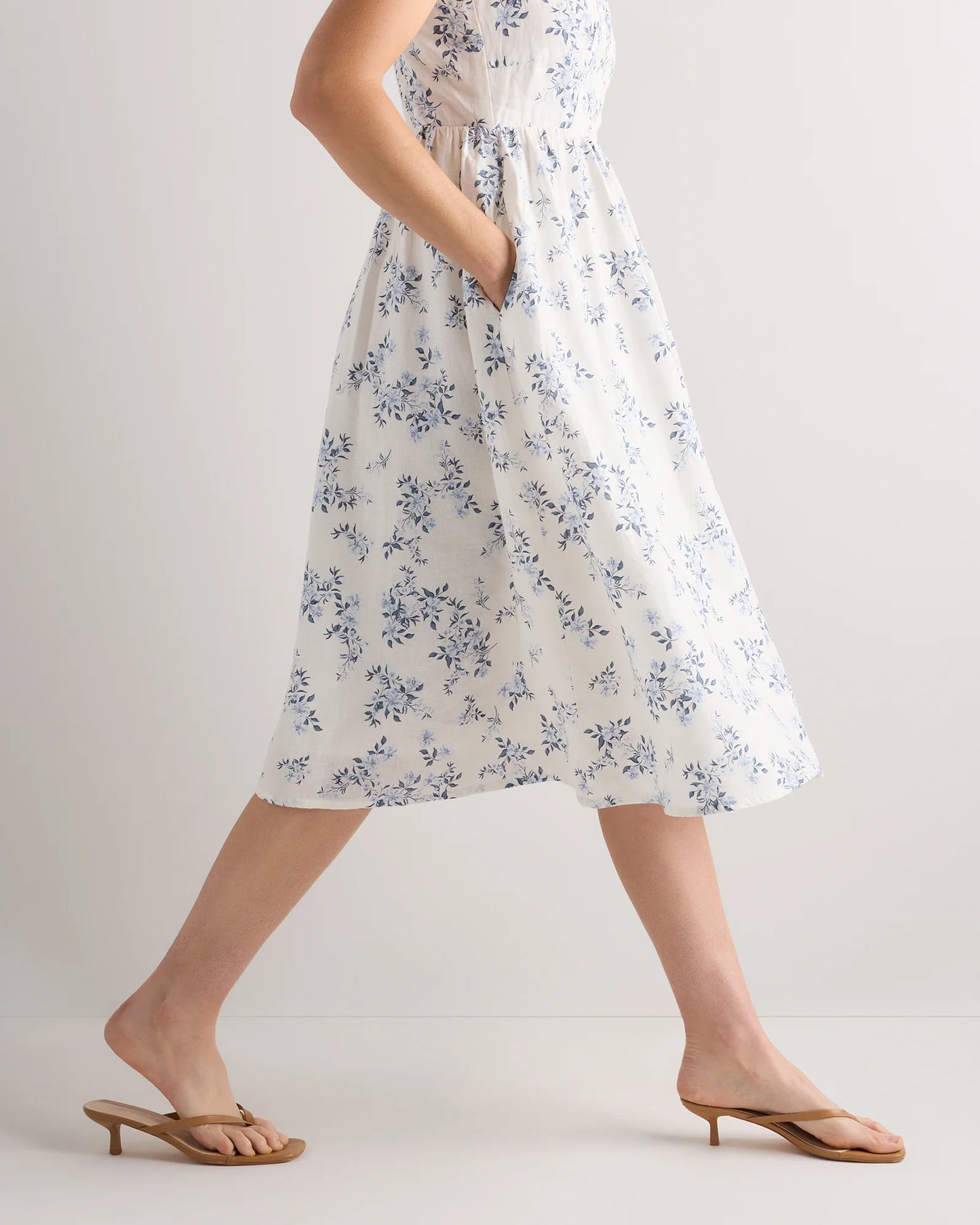 100% European Linen Fit & Flare Midi Dress - XS / Brick Red Heirloom Floral