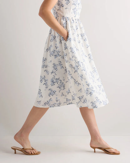 100% European Linen Fit & Flare Midi Dress - XS / Brick Red Heirloom Floral