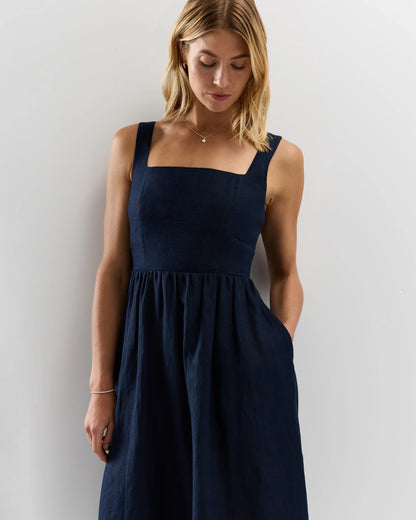 100% European Linen Fit & Flare Midi Dress - XS / Brick Red Heirloom Floral