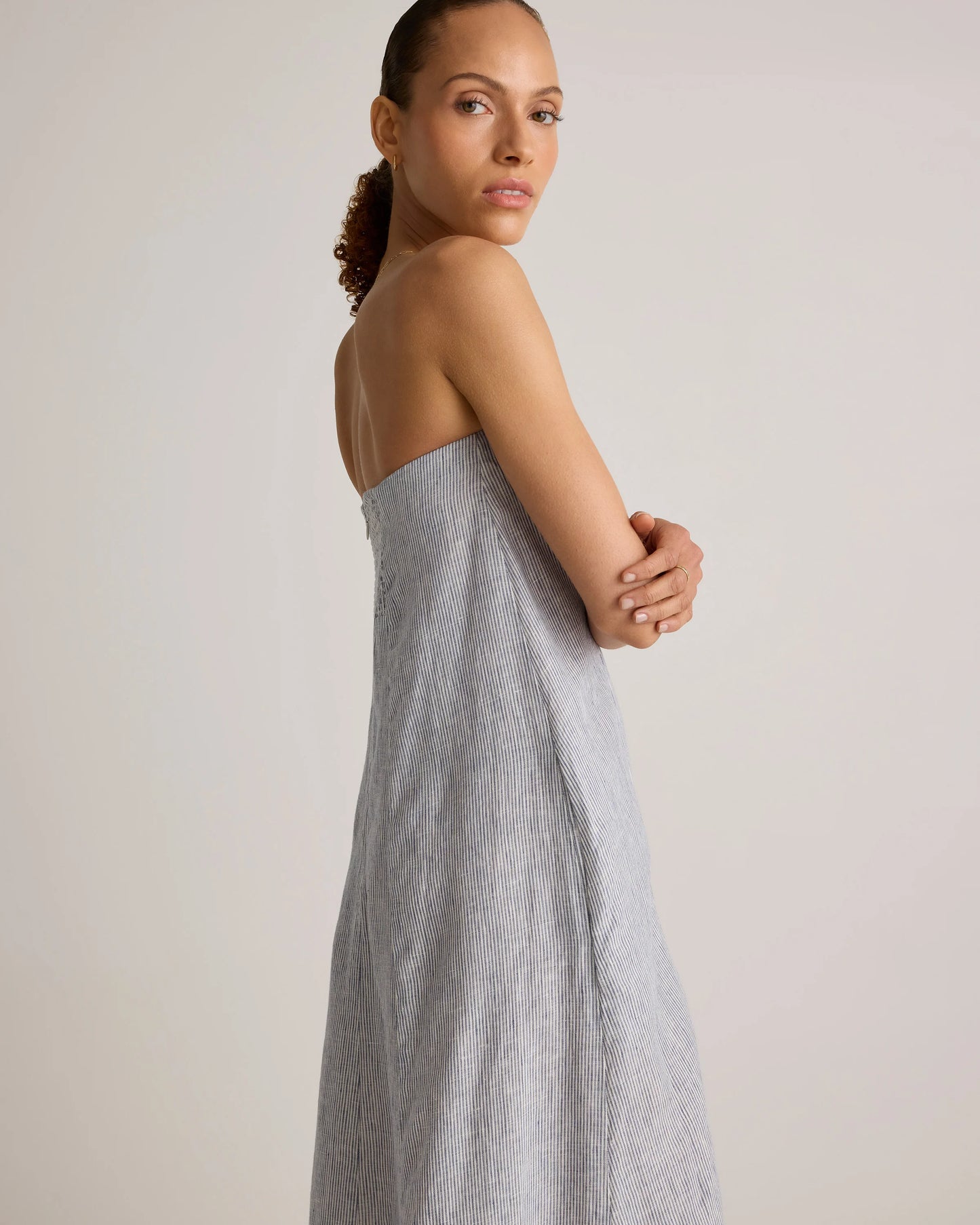100% European Linen Strapless Maxi Dress - XS / Brick Red Heirloom Floral