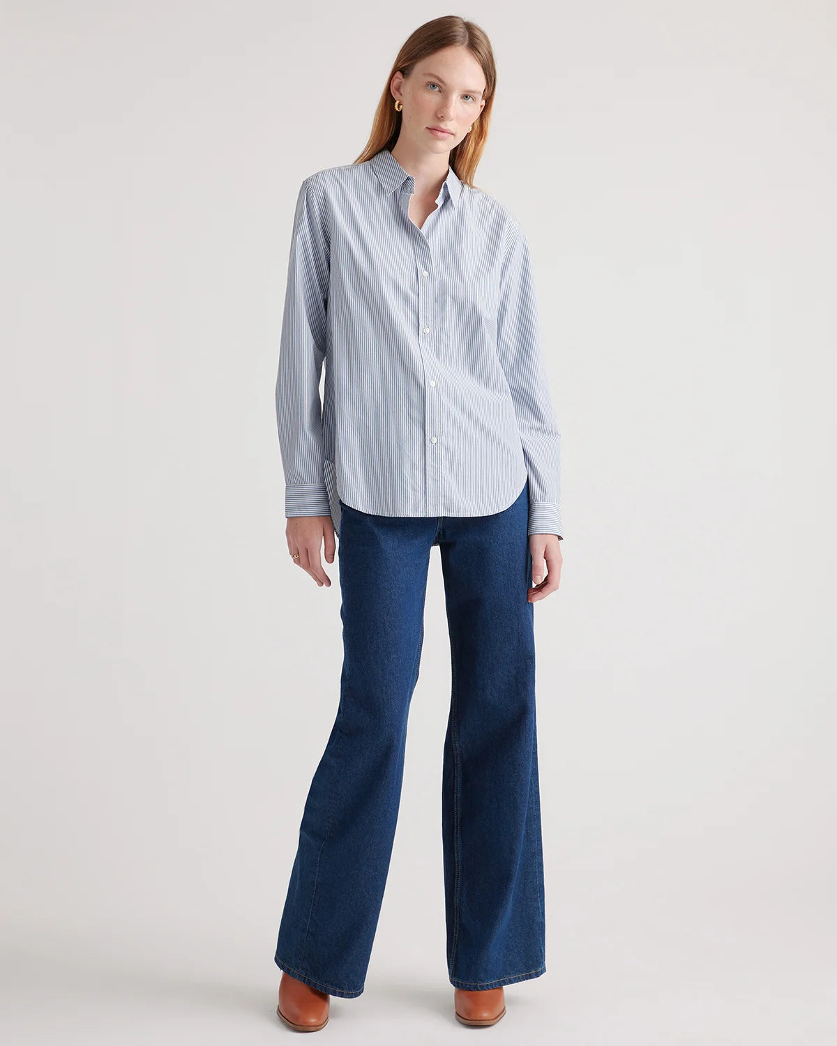 100% Organic Cotton Poplin Long Sleeve Shirt - XS / Delta Blue Double Stripe
