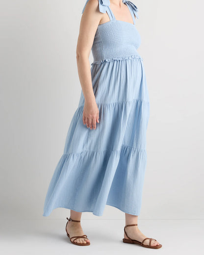100% Organic Cotton Gauze Smocked Sleeveless Midi Dress - XS / Khaki Gingham