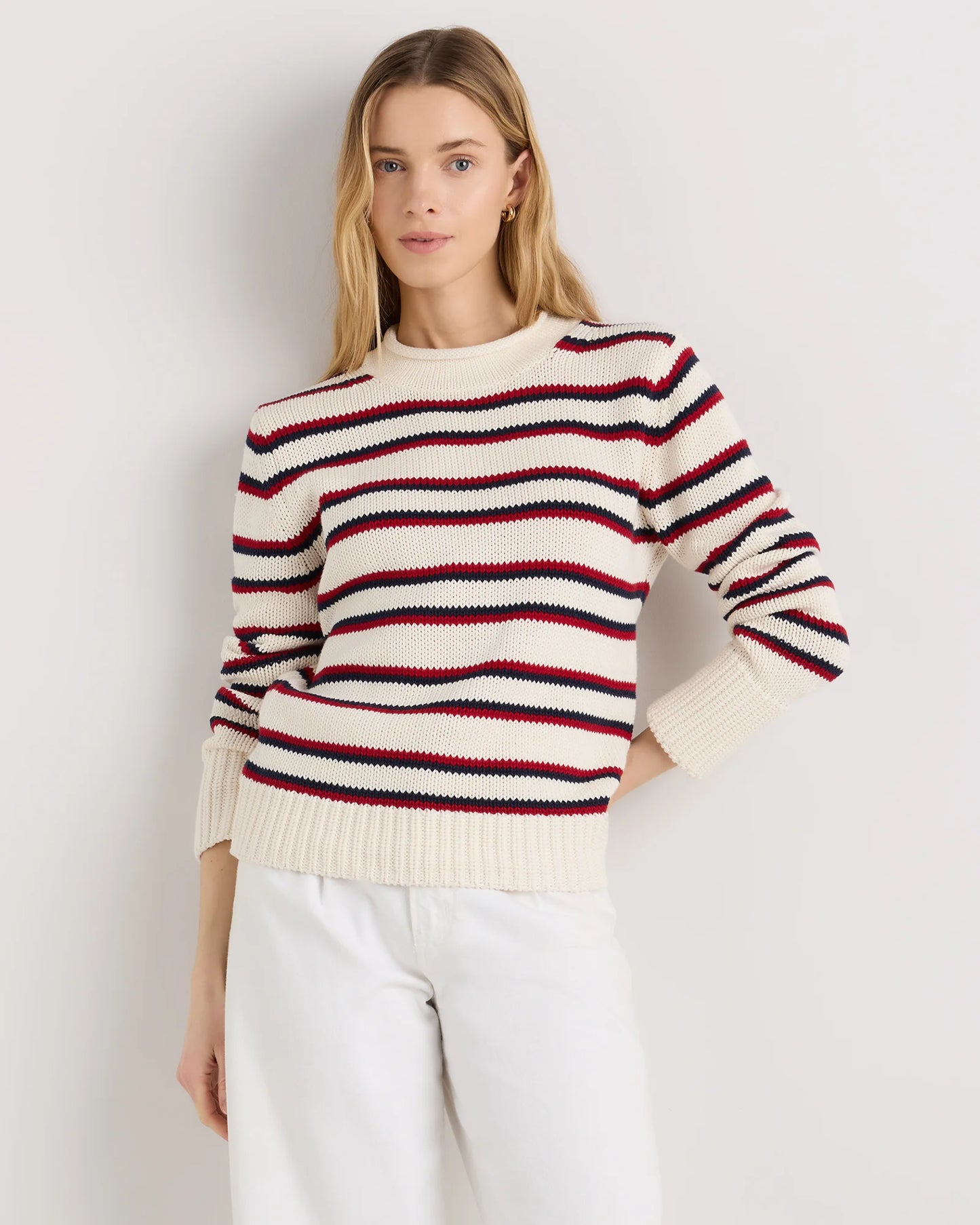 100% Organic Cotton Roll Neck Sweater - XS / Cornflower Mini Stripe