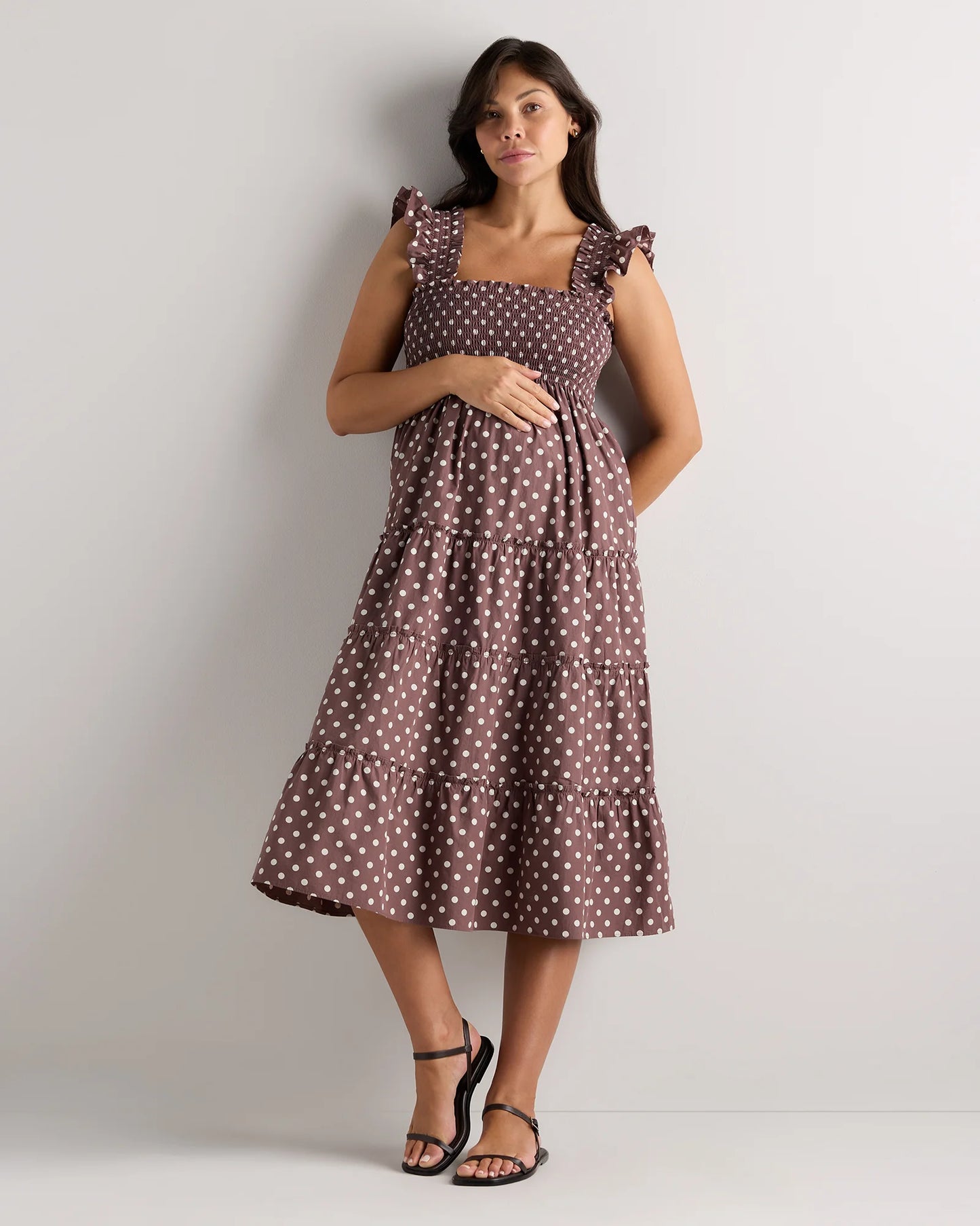 100% Organic Cotton Poplin Maternity Smocked Midi Dress - XS / Classic White
