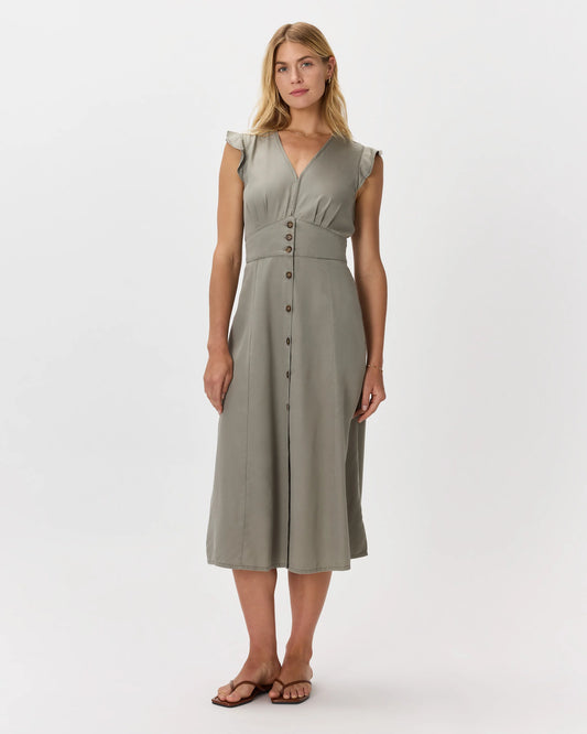 Vintage Wash Tencel Button Front Midi Dress - XS / Olive