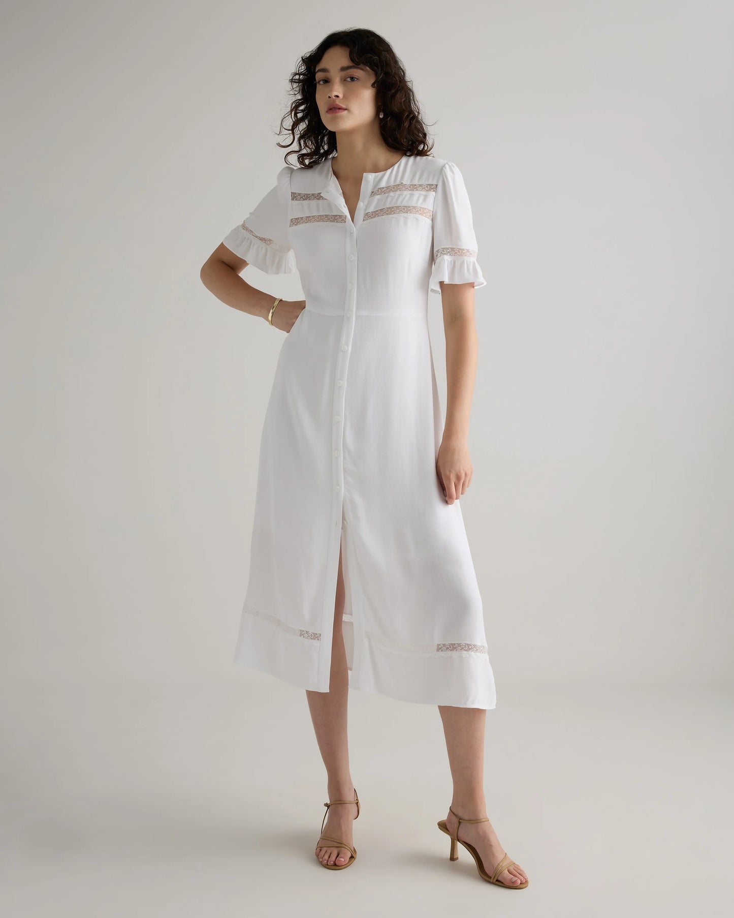 Lightweight Crepe Lace Inset Midi Dress - XS / Moonstone Blue