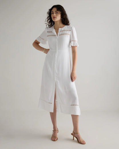 Lightweight Crepe Lace Inset Midi Dress - XS / Moonstone Blue