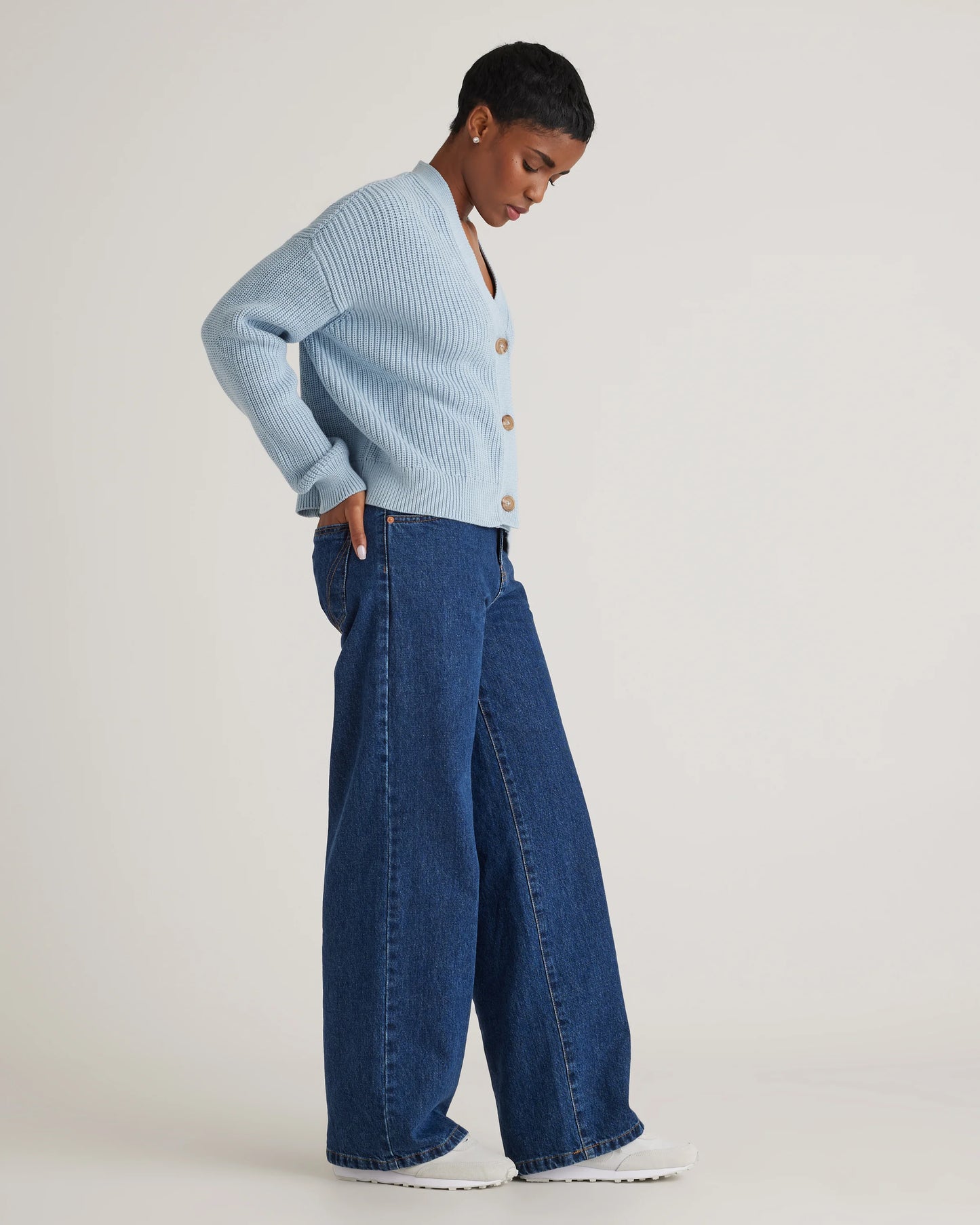 100% Organic Cotton Fisherman Boxy Cropped Cardigan - XS / Sapphire Blue