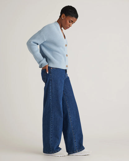 100% Organic Cotton Fisherman Boxy Cropped Cardigan - XS / Sapphire Blue