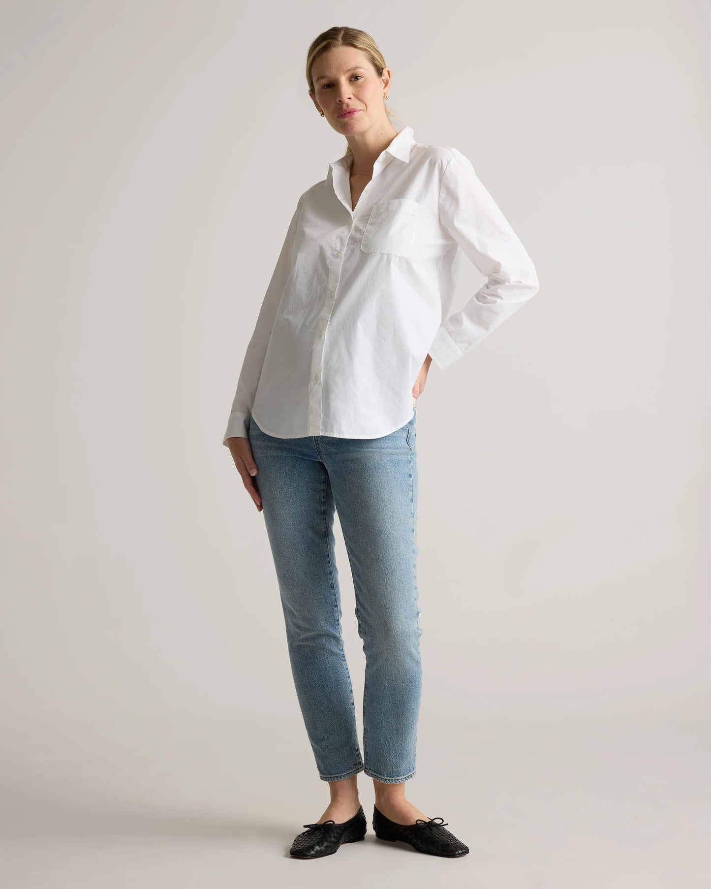 100% Organic Cotton Poplin Maternity Long Sleeve Shirt - XS / Classic White