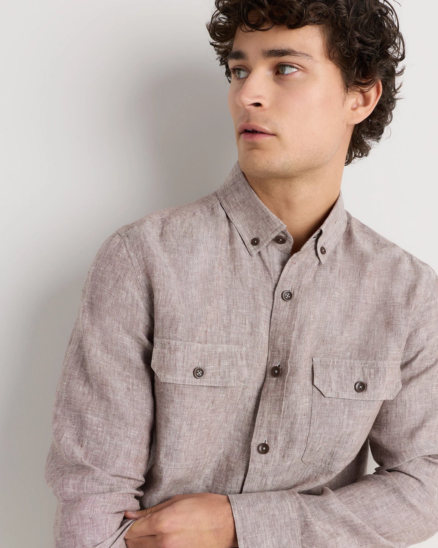 100% European Linen Utility Shirt - S / Taupe Brown Chambray