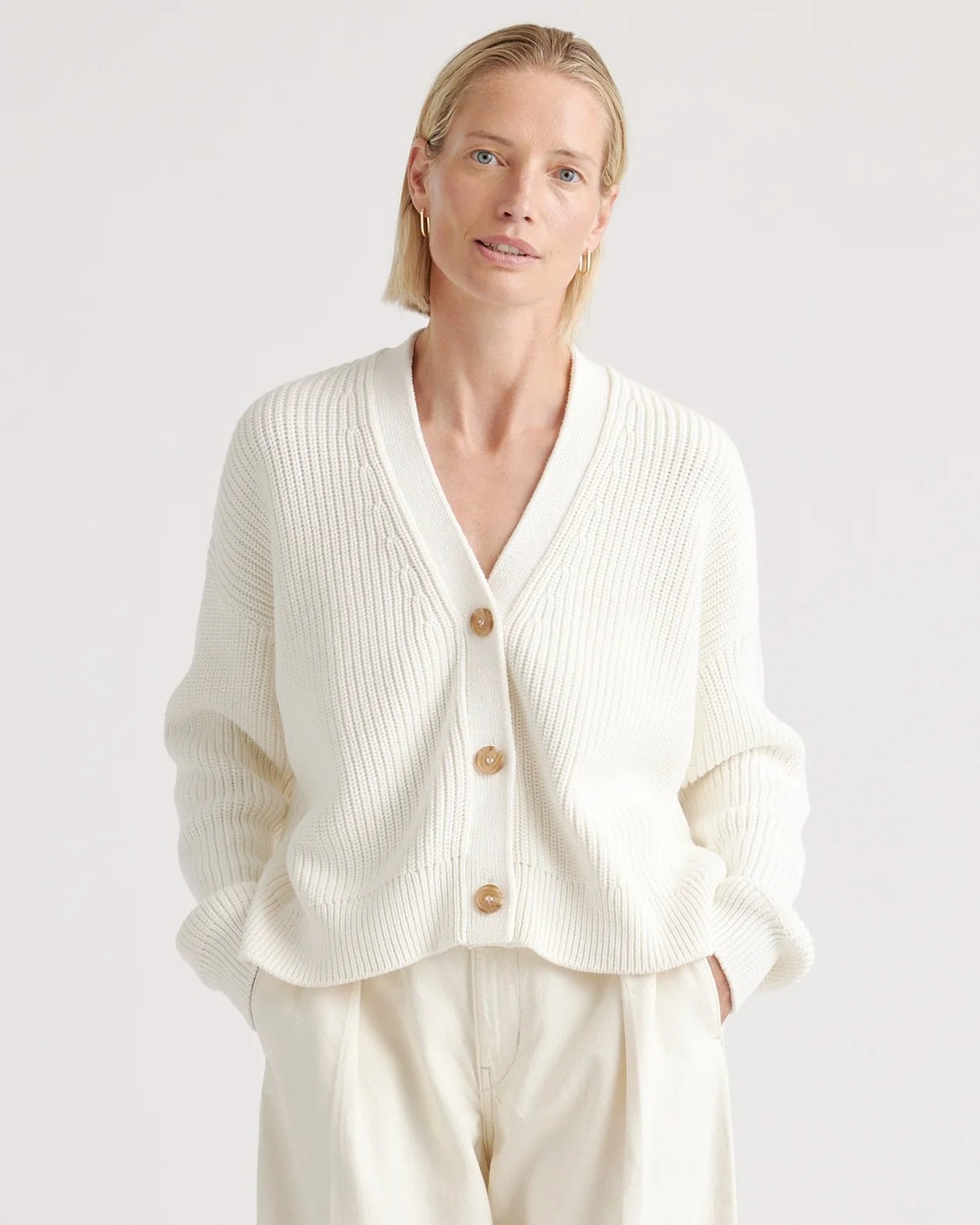 100% Organic Cotton Fisherman Boxy Cropped Cardigan - XS / Sapphire Blue