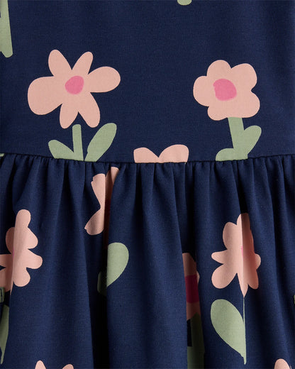 Organic Cotton Long Sleeve Fit and Flare Pocket Dress - 12-18M / Purple Poppy Garden