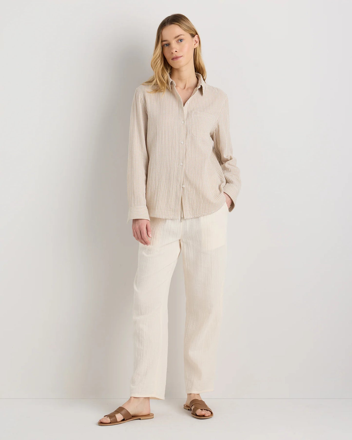 100% Organic Cotton Gauze Long Sleeve Shirt - XS / Khaki Gingham