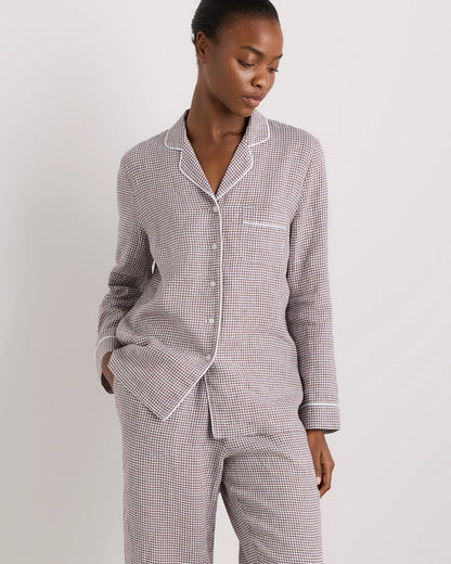 100% European Linen Long Sleeve Pajama Set with Piping - XS / Taupe Brown Gingham