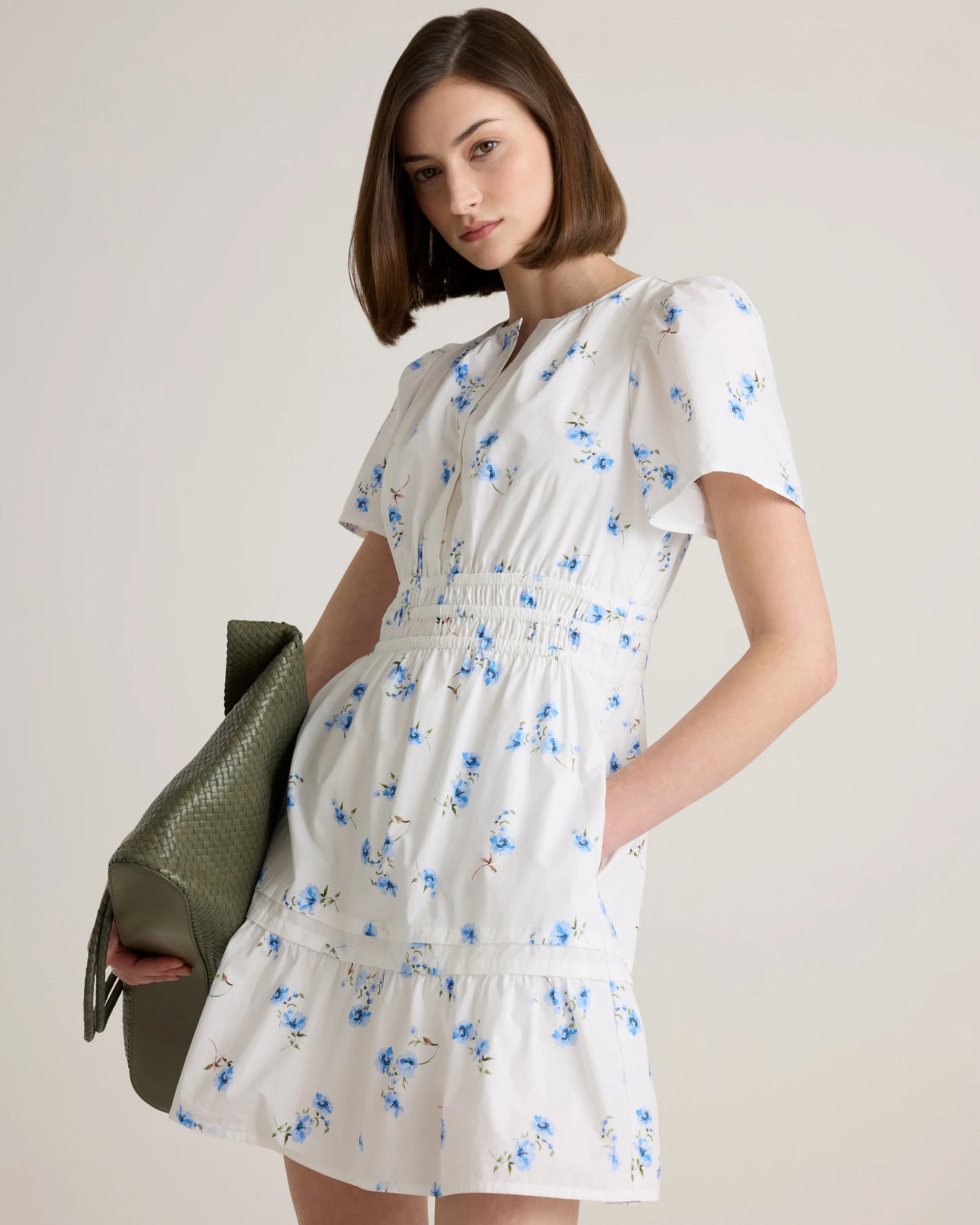 100% Organic Cotton Poplin Tiered Mini Dress - XS / Riviera Blue Heirloom Floral