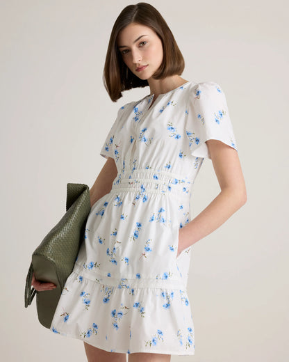 100% Organic Cotton Poplin Tiered Mini Dress - XS / Riviera Blue Heirloom Floral