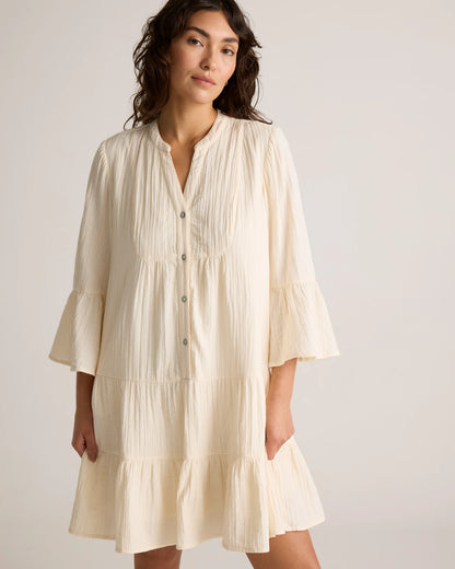 100% Organic Cotton Gauze Long Sleeve Tiered Mini Dress - XS / Amaranth Pink