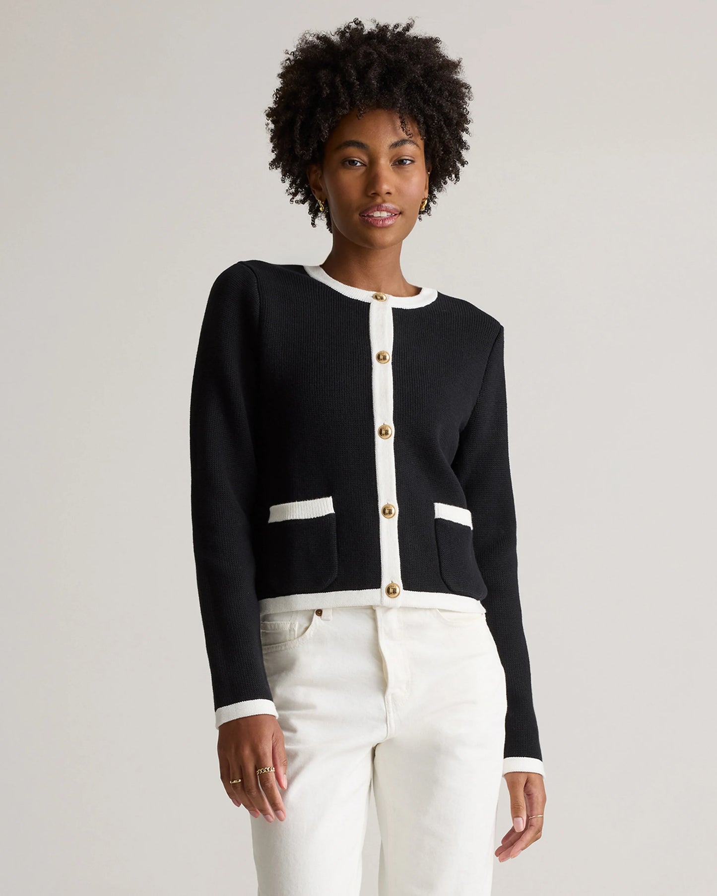 100% Organic Cotton Sweater Jacket - XS / Black/Ivory Colorblock