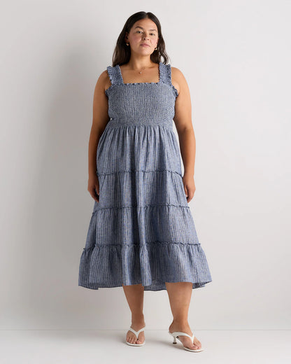 100% European Linen Smocked Midi Dress - 1X / Flax