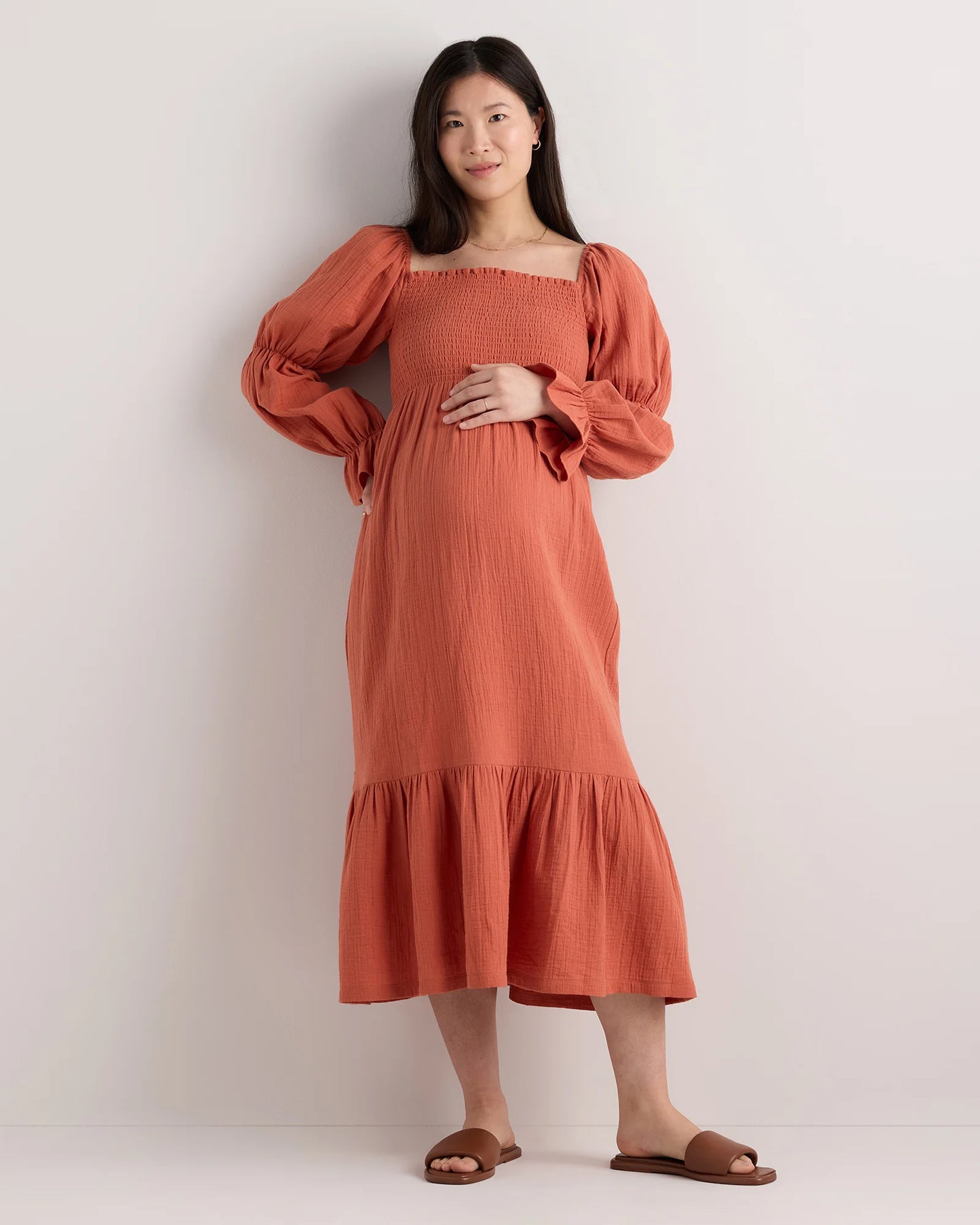 100% Organic Cotton Gauze Maternity Smocked Midi Dress - XS / Wild Cherry