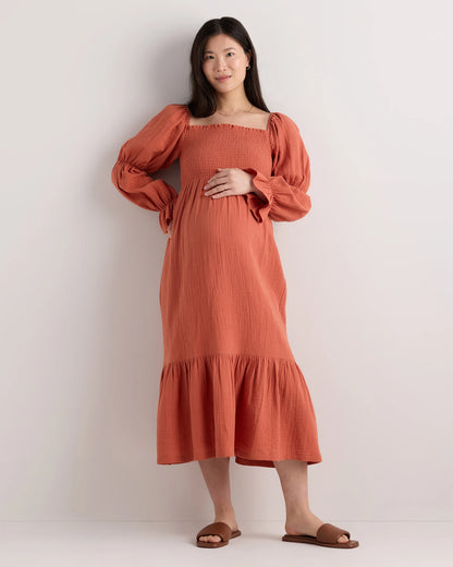 100% Organic Cotton Gauze Maternity Smocked Midi Dress - XS / Wild Cherry