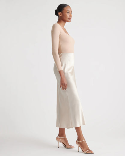100% Washable Silk Maxi Skirt - XS / Champagne