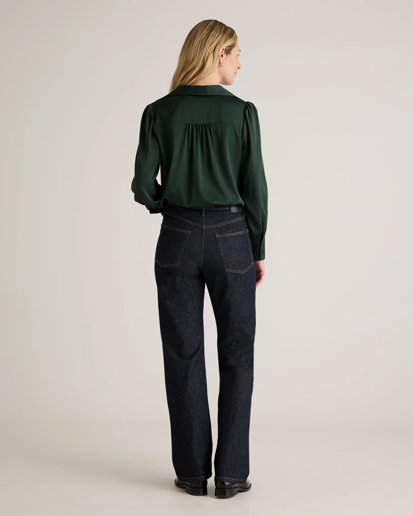 Washable Stretch Silk Split Neck Blouse - XS / Forest Green