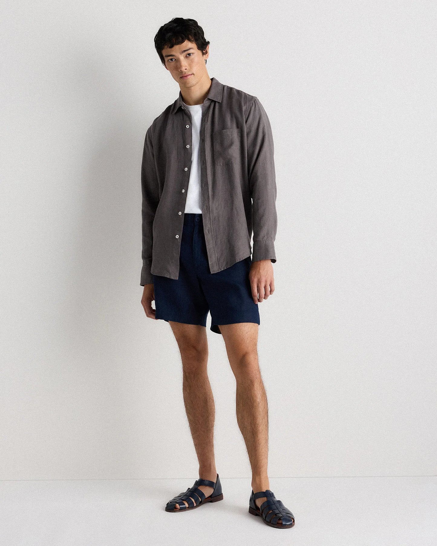 100% European Linen Relaxed Long Sleeve Pocket Shirt - S / Dark Gull Grey