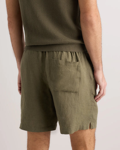 100% European Linen Drawstring Beach Shorts - 7" - XS / Taupe Brown Chambray