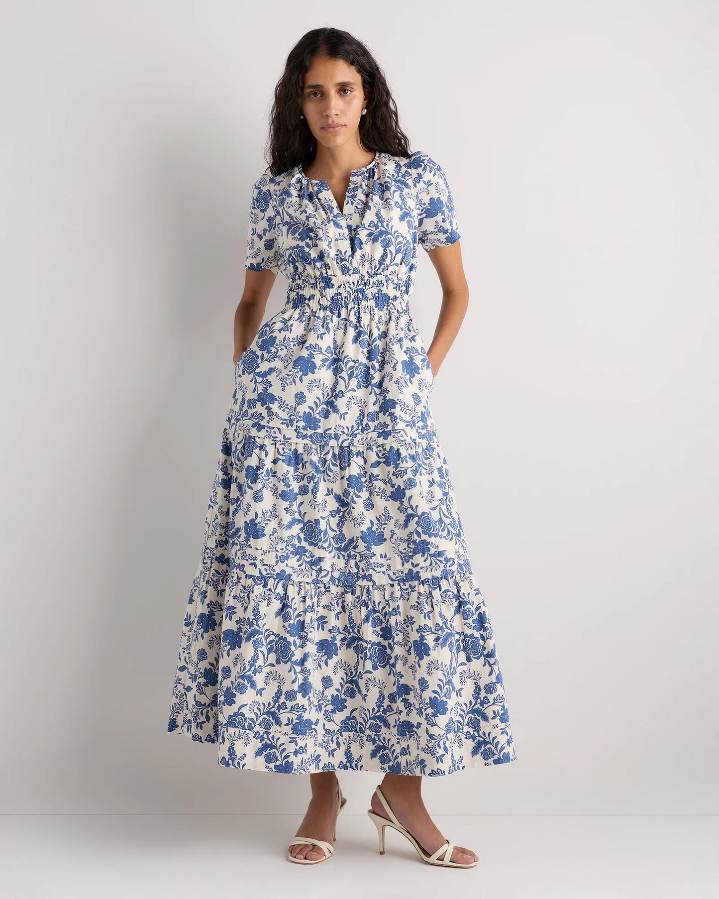 100% Organic Cotton Poplin Tiered Maxi Dress - XS / Riviera Blue Heirloom Floral