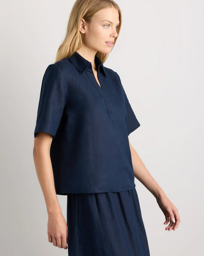 100% European Linen Short Sleeve Popover Top - XS / Blue Pinstripe
