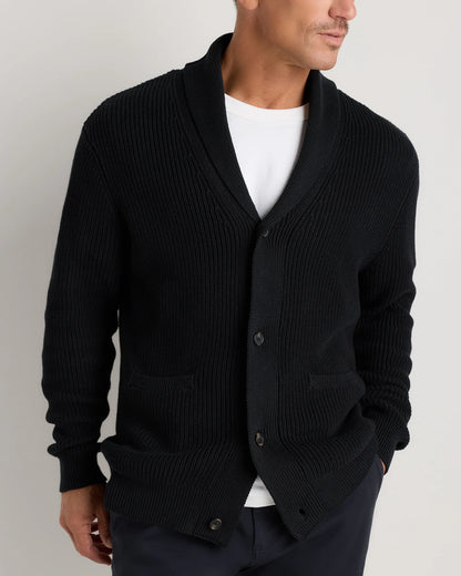 100% Organic Cotton Ribbed Shawl-Collar Cardigan Sweater - S / Bayberry Olive
