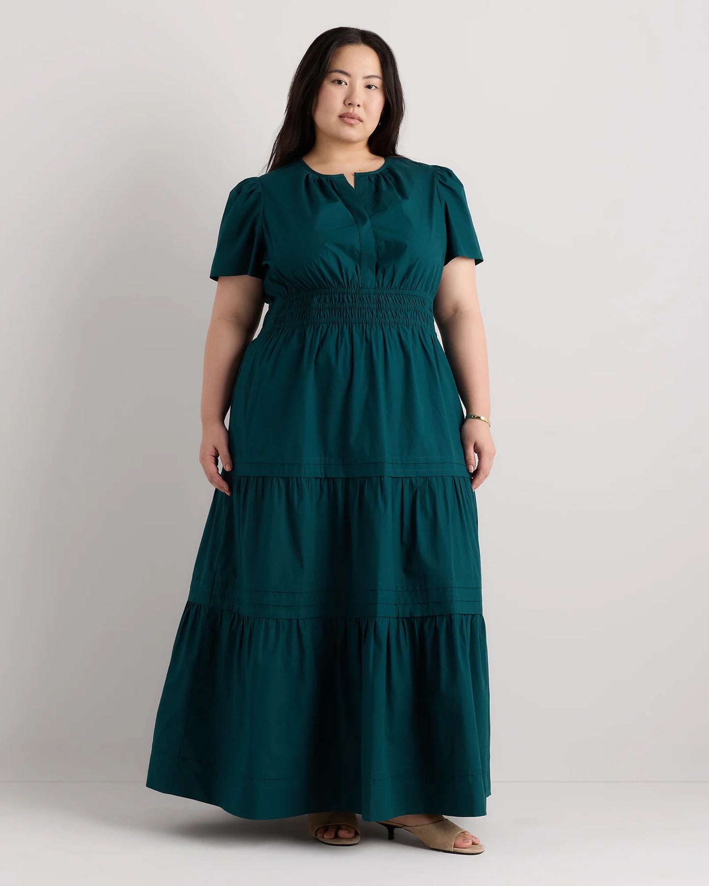 100% Organic Cotton Poplin Tiered Maxi Dress - 1X / Ocean Green