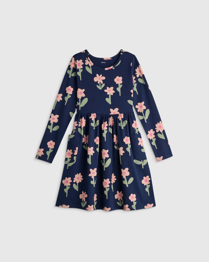 Organic Cotton Long Sleeve Fit and Flare Pocket Dress - 2T / Purple Poppy Garden
