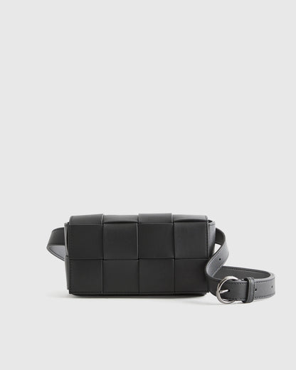 Italian Leather Handwoven Box Belt Bag - One Size / Black