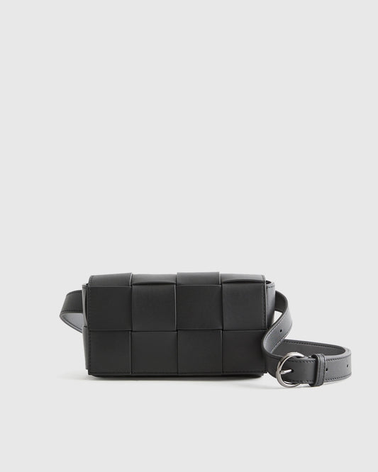 Italian Leather Handwoven Box Belt Bag - One Size / Black