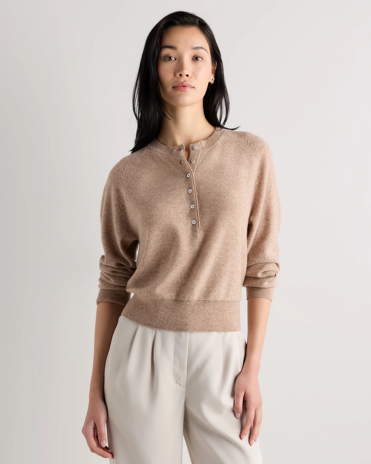 Mongolian Cashmere Dolman Sleeve Henley Sweater - XS / Oatmeal