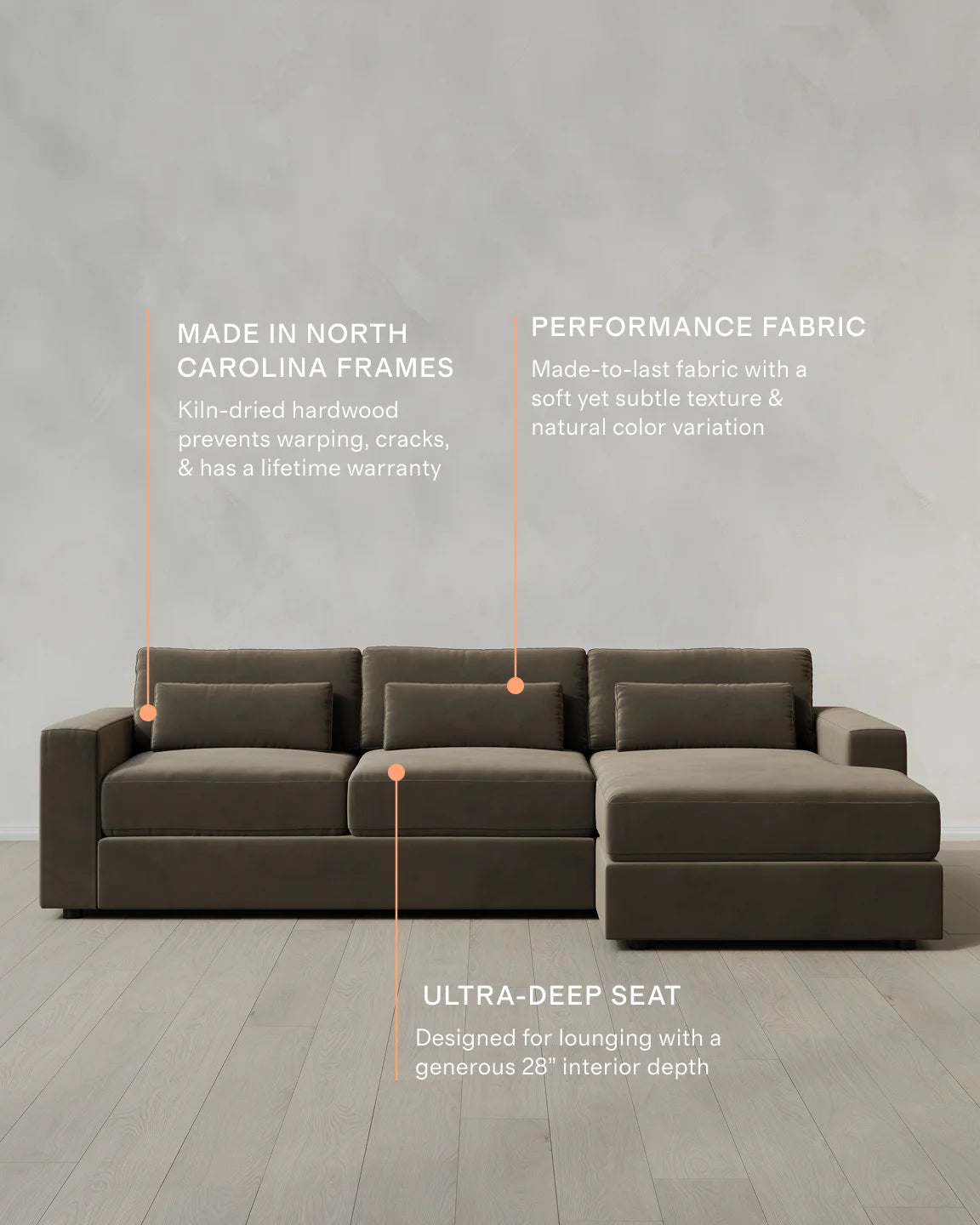 Ashford Deep Seat Chaise Sectional in Performance Velvet - 119" Right Arm / Rust