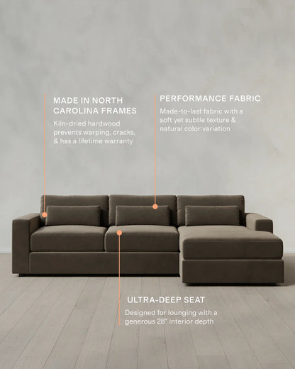 Ashford Deep Seat Chaise Sectional in Performance Velvet - 119" Right Arm / Rust