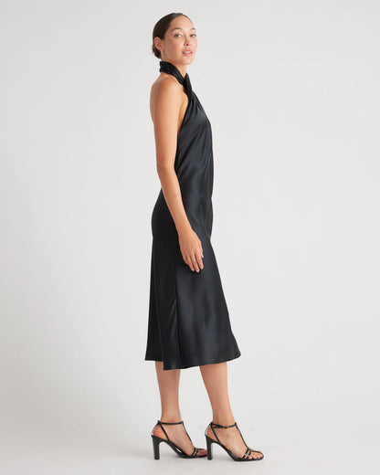 100% Washable Silk Twist Halter Midi Dress - XS / Black