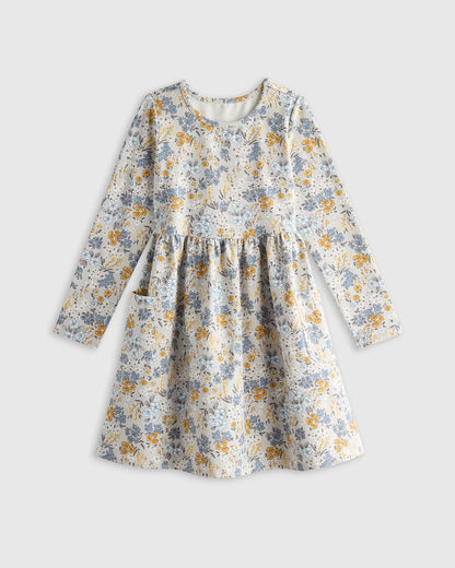Organic Cotton Long Sleeve Fit and Flare Pocket Dress - 6 / Purple Poppy Garden