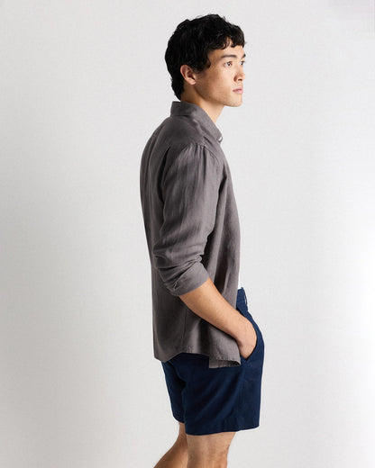 100% European Linen Relaxed Long Sleeve Pocket Shirt - S / Dark Gull Grey