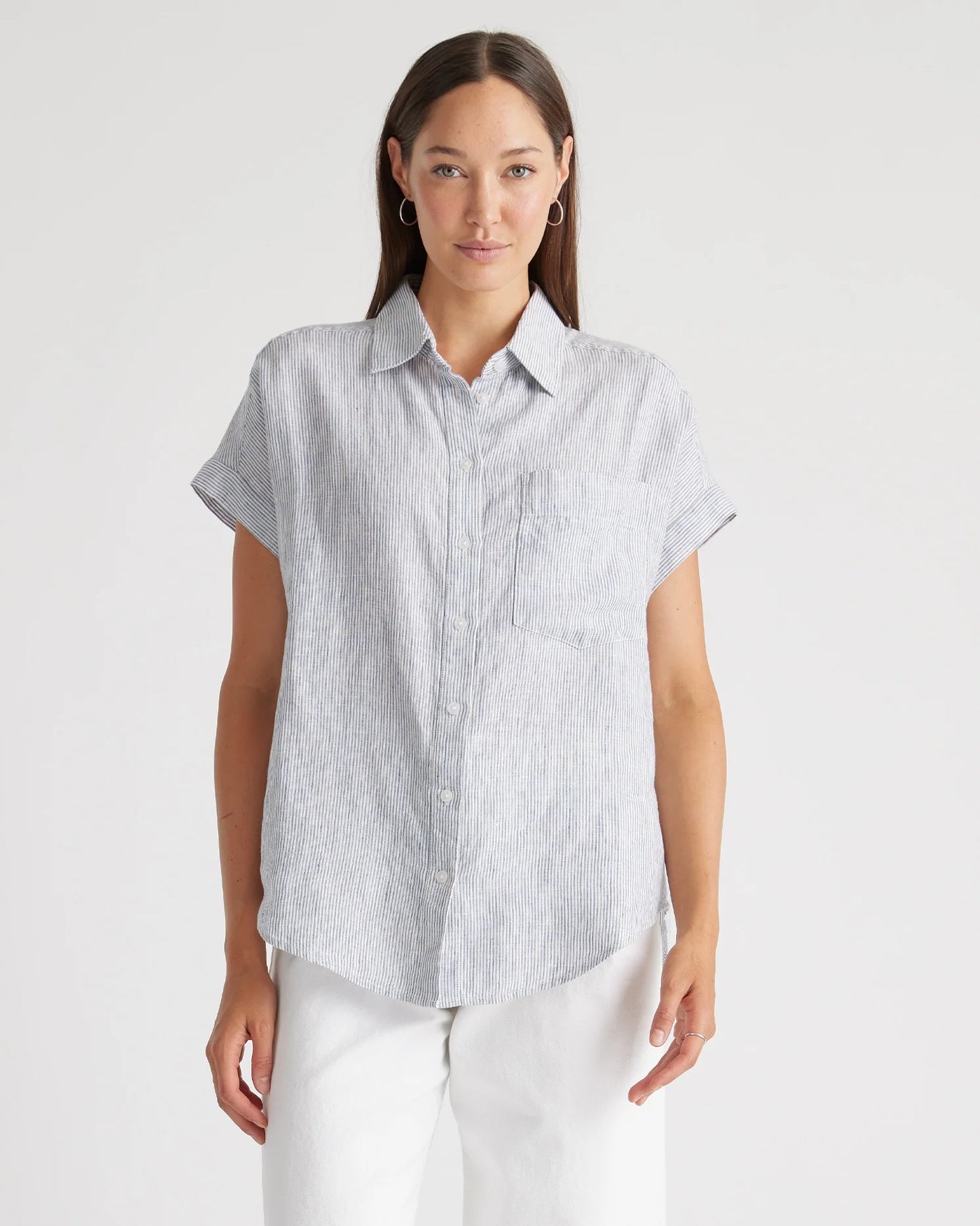 100% European Linen Camp Shirt - XS / Sky Blue Mariner Stripe