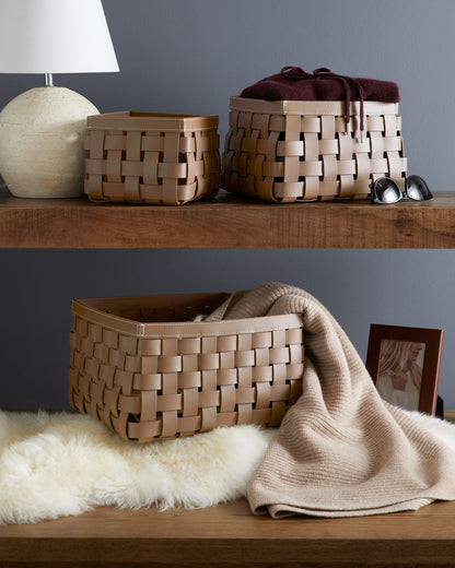 Recycled Woven Leather Baskets (set of 3) - One Size / Cognac