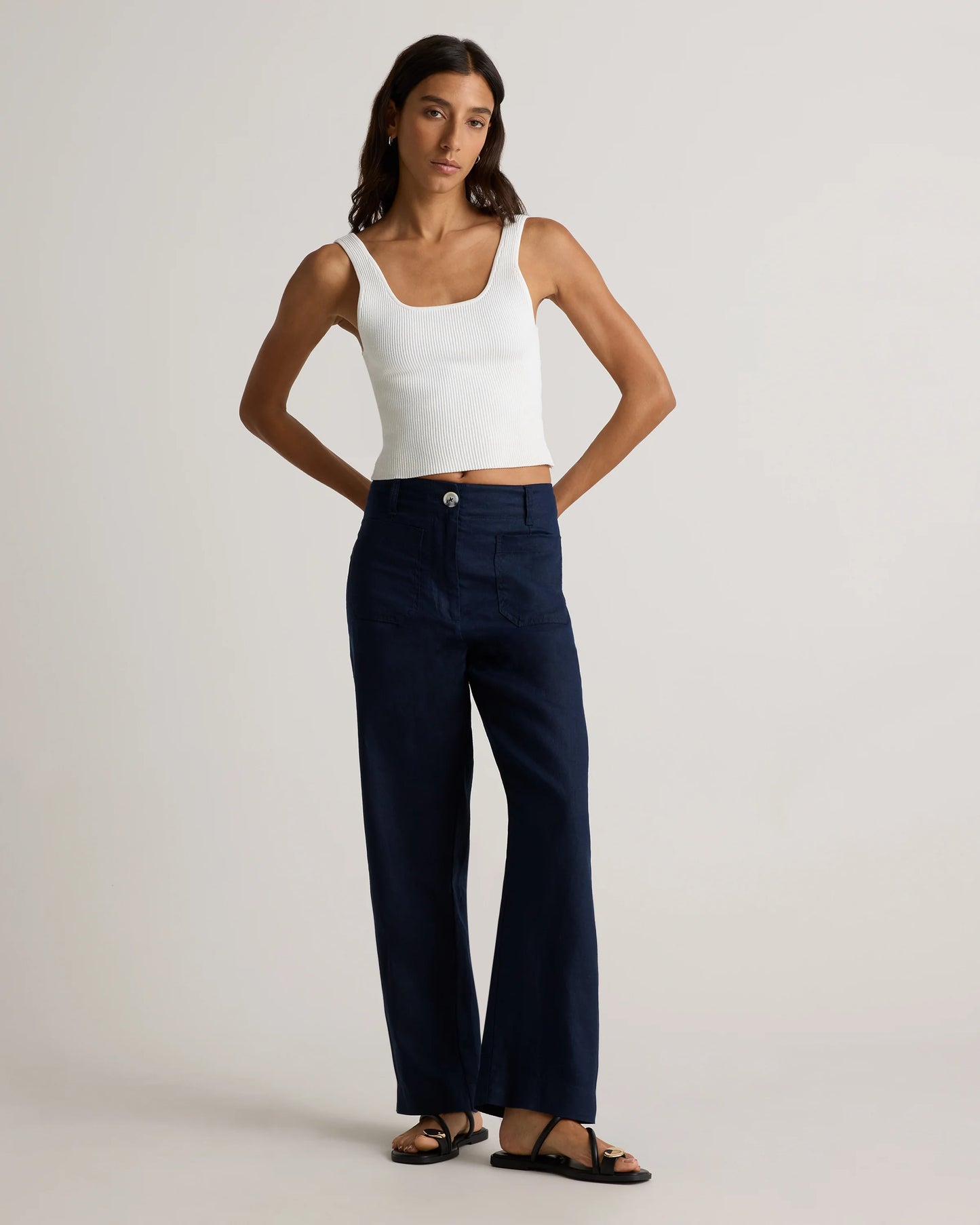 100% European Linen Patch Pocket Wide Leg Pants - 0 / Taupe Brown Chambray