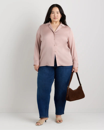 Washable Stretch Silk Notch Collar Blouse - 1X / Vintage Pink