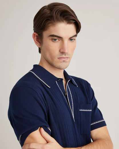 Organic Cotton-Silk Tipped Polo Sweater - S / Navy/Ivory